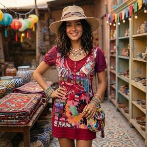 ✨ Desigual Red Matryoshka (Russian) Doll Boho Artsy Mini Dress Sz Med ✨